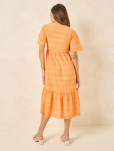 Women's Yellow Half Sleeves Self Design Aline Midi Dress