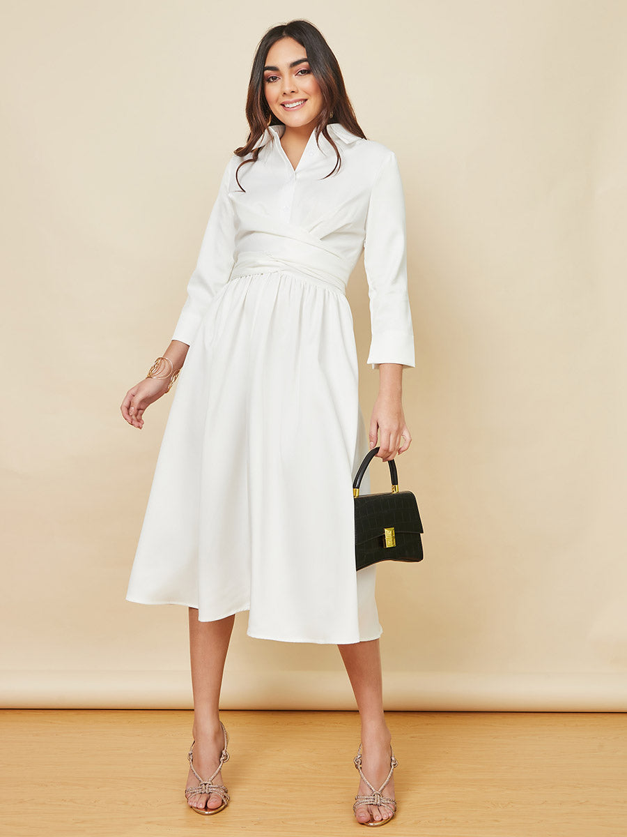 Women's White Wrap Over Tie Waist A-Line Midi Dress