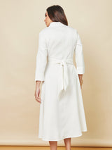 Women's White Wrap Over Tie Waist A-Line Midi Dress