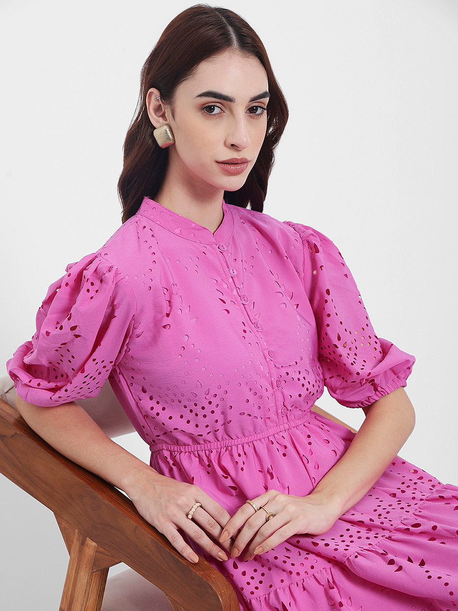 Women's Pink Casual A-Line Shirt Collar Half Sleeves Midi Dresses