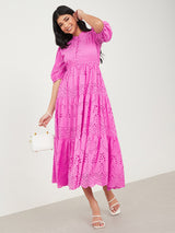 Women's Pink Casual A-Line Shirt Collar Half Sleeves Midi Dresses
