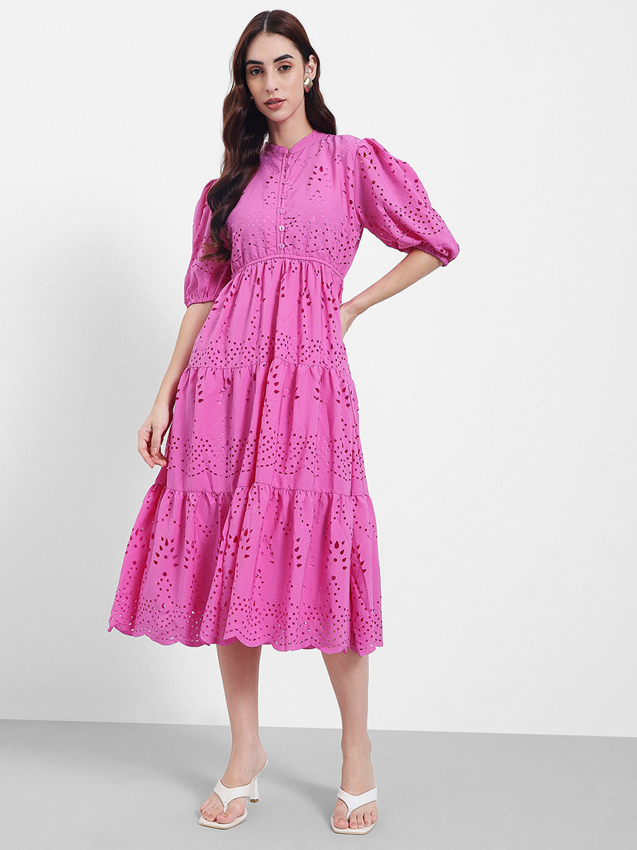 Women's Pink Casual A-Line Shirt Collar Half Sleeves Midi Dresses