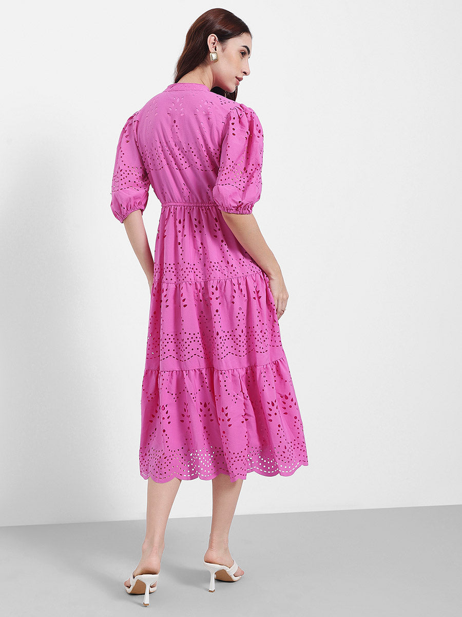 Women's Pink Casual A-Line Shirt Collar Half Sleeves Midi Dresses