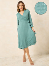 Women's Green Full Sleeves Wrap Self Design Midi Dress