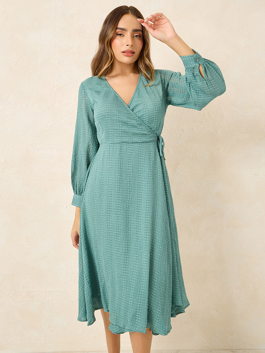 Women's Green Full Sleeves Wrap Self Design Midi Dress