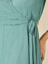 Women's Green Full Sleeves Wrap Self Design Midi Dress