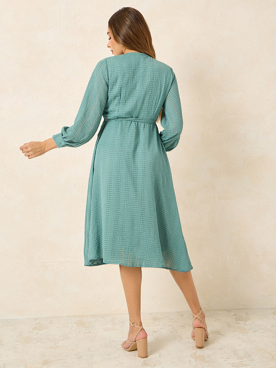 Women's Green Full Sleeves Wrap Self Design Midi Dress