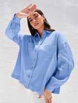 Women's Blue Casual Oversized Fit Solid Full Sleeves Shirt