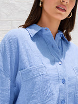 Women's Blue Casual Oversized Fit Solid Full Sleeves Shirt
