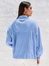 Women's Blue Casual Oversized Fit Solid Full Sleeves Shirt
