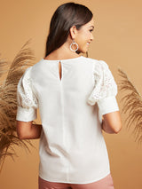 Women's White Casual Regular Fit Half Sleeves Top