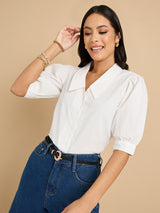 Women's White Casual Regular Fit Solid Half Sleeves Shirt