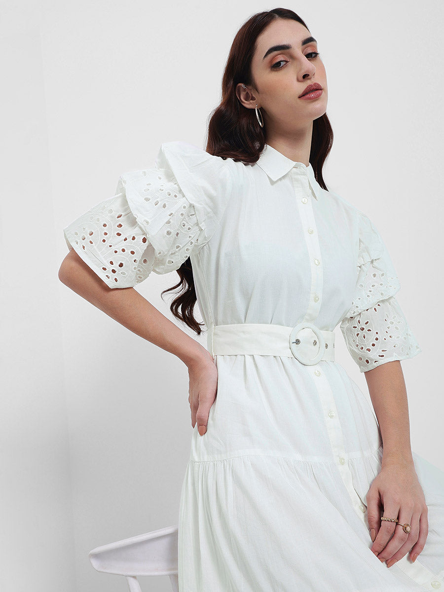 Women's White Schiffli Tiered Maxi Dress with Belt Detail