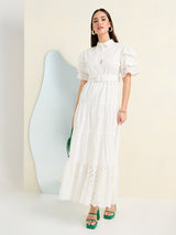 Women's White Schiffli Tiered Maxi Dress with Belt Detail