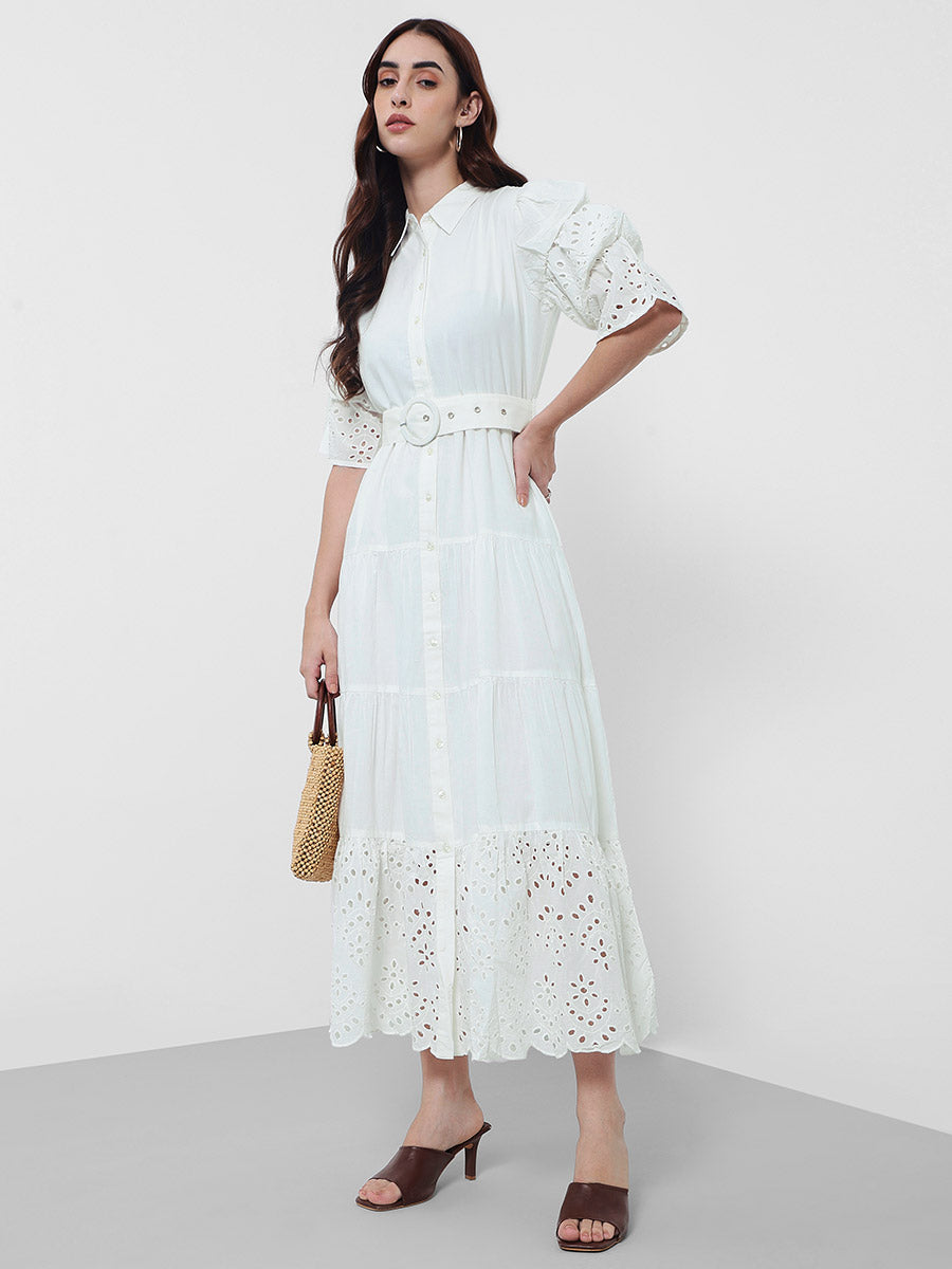 Women's White Schiffli Tiered Maxi Dress with Belt Detail