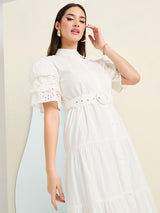 Women's White Schiffli Tiered Maxi Dress with Belt Detail