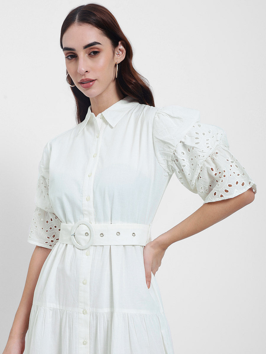 Women's White Schiffli Tiered Maxi Dress with Belt Detail