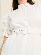 Women's White Schiffli Tiered Maxi Dress with Belt Detail