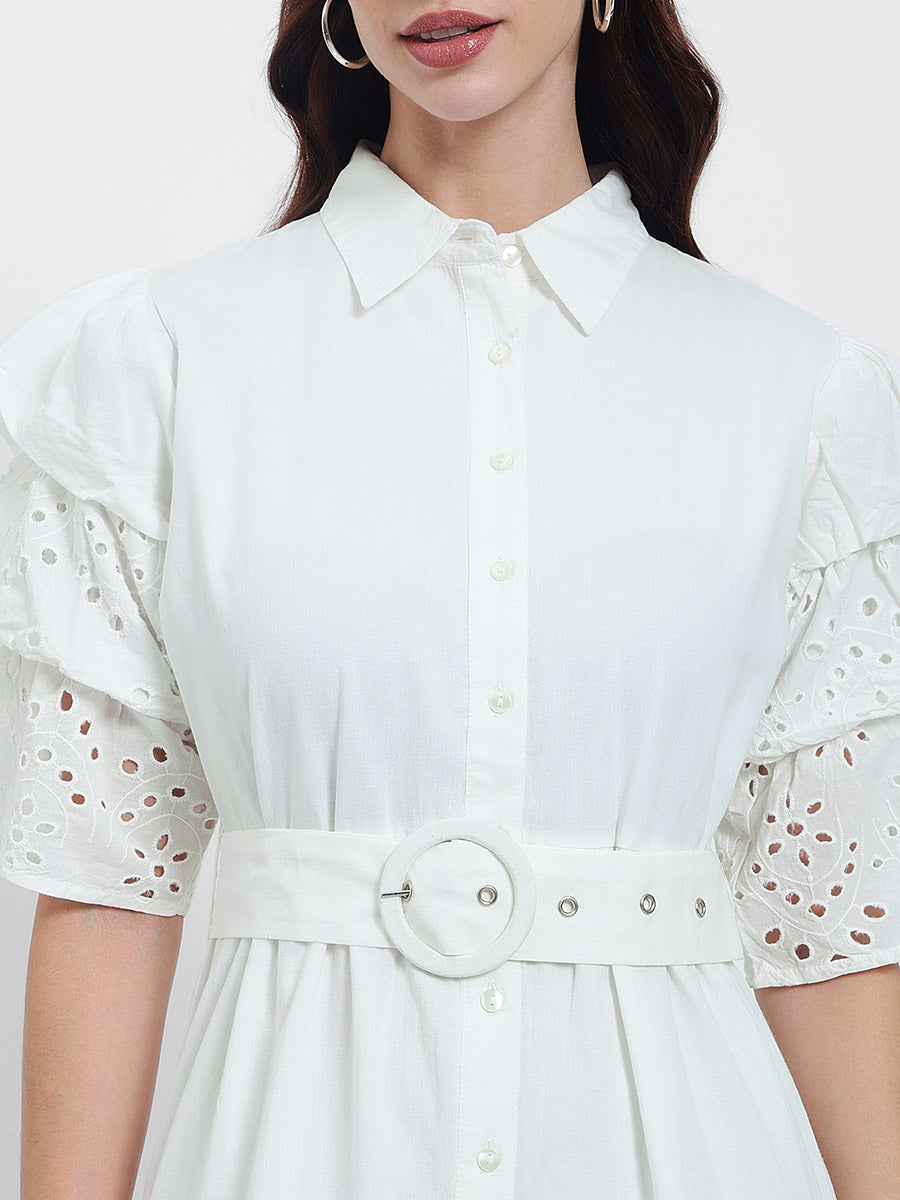 Women's White Schiffli Tiered Maxi Dress with Belt Detail