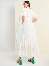 Women's White Schiffli Tiered Maxi Dress with Belt Detail