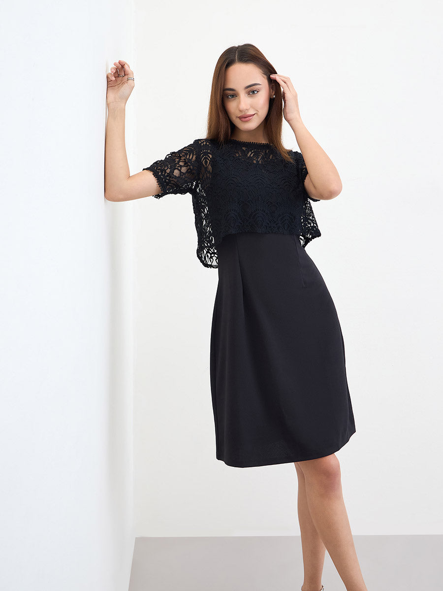 Women's Black Lace Self Design Sheath Dress