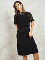 Women's Black Lace Self Design Sheath Dress