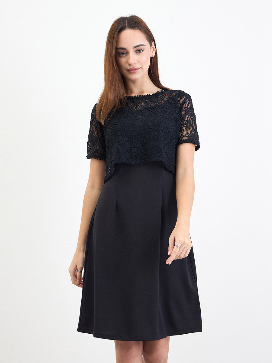Women's Black Lace Self Design Sheath Dress