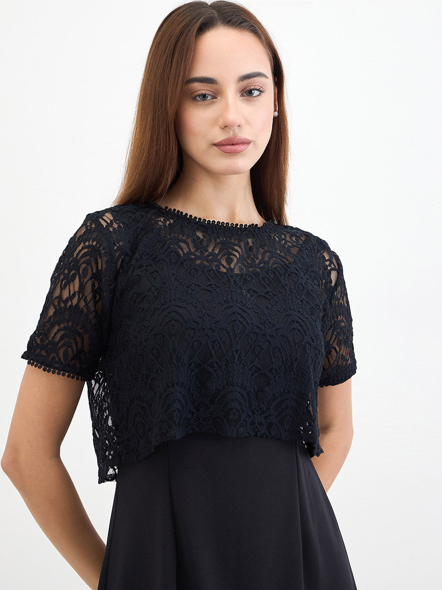 Women's Black Lace Self Design Sheath Dress