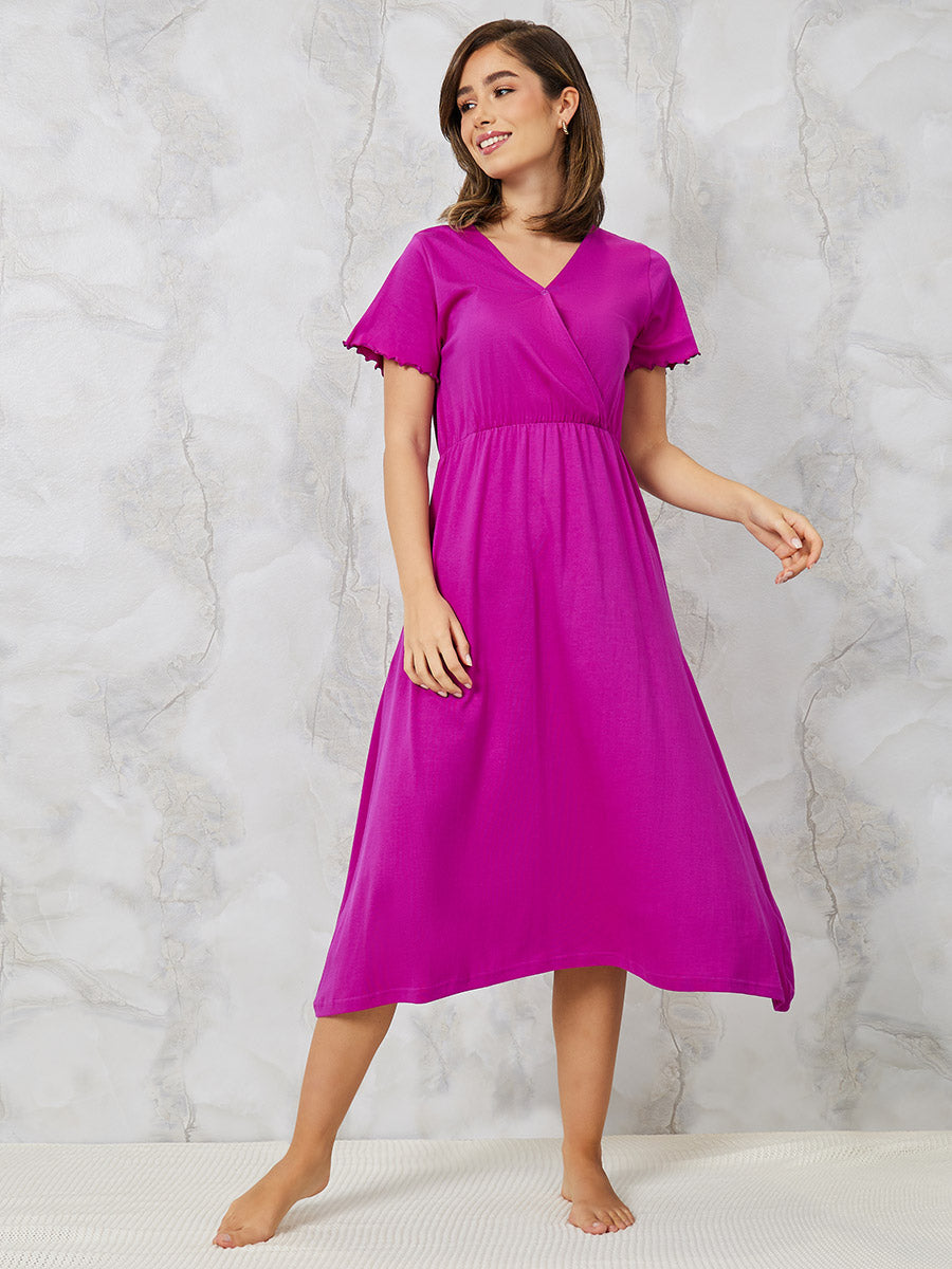 Women's Pink Wrap Midi Length Night Dress