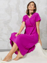 Women's Pink Wrap Midi Length Night Dress