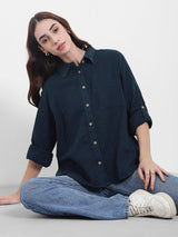Women's Navy Blue Casual Oversized Fit Solid Full Sleeves Shirt