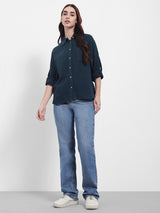 Women's Navy Blue Casual Oversized Fit Solid Full Sleeves Shirt
