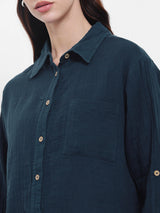 Women's Navy Blue Casual Oversized Fit Solid Full Sleeves Shirt