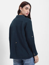 Women's Navy Blue Casual Oversized Fit Solid Full Sleeves Shirt