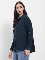 Women's Navy Blue Casual Oversized Fit Solid Full Sleeves Shirt