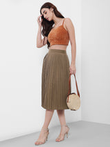 Women's Brown Casual Pleated A-Line Midi Skirt