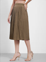Women's Brown Casual Pleated A-Line Midi Skirt