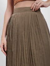 Women's Brown Casual Pleated A-Line Midi Skirt