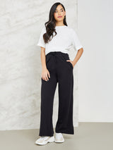 Women's Wide Leg Jogger with Side Slit | Black