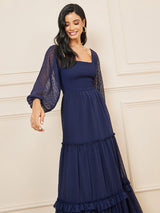 Women's Navy Blue Maxi Self Design Long Sleeve Tiered Dress