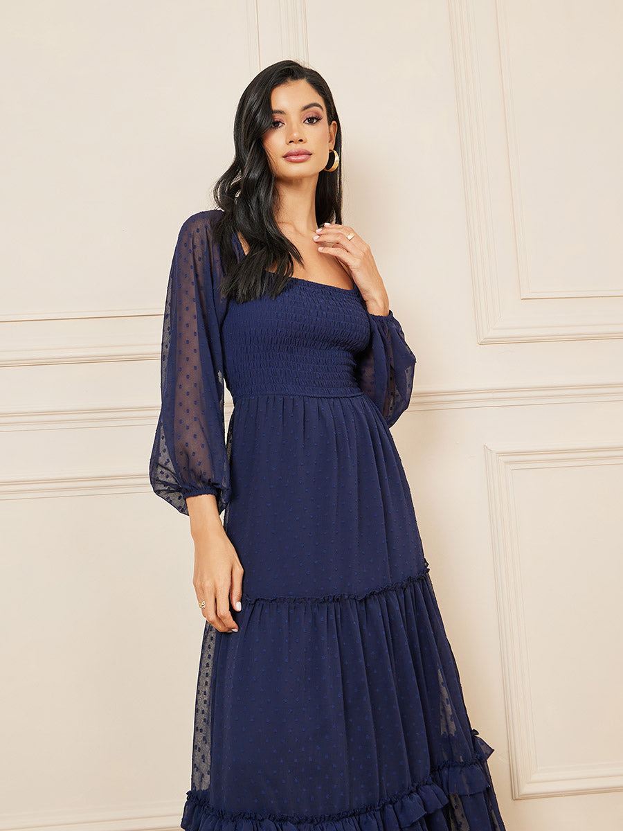 Women's Navy Blue Maxi Self Design Long Sleeve Tiered Dress