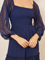 Women's Navy Blue Maxi Self Design Long Sleeve Tiered Dress