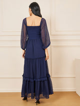 Women's Navy Blue Maxi Self Design Long Sleeve Tiered Dress