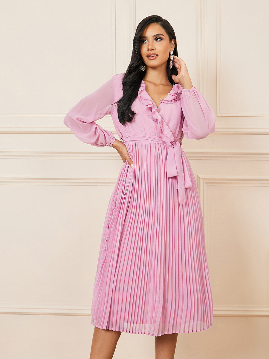 Women's Pink Accordion Pleat Ruffle Trim Wrap Midi Dress