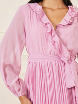 Women's Pink Accordion Pleat Ruffle Trim Wrap Midi Dress