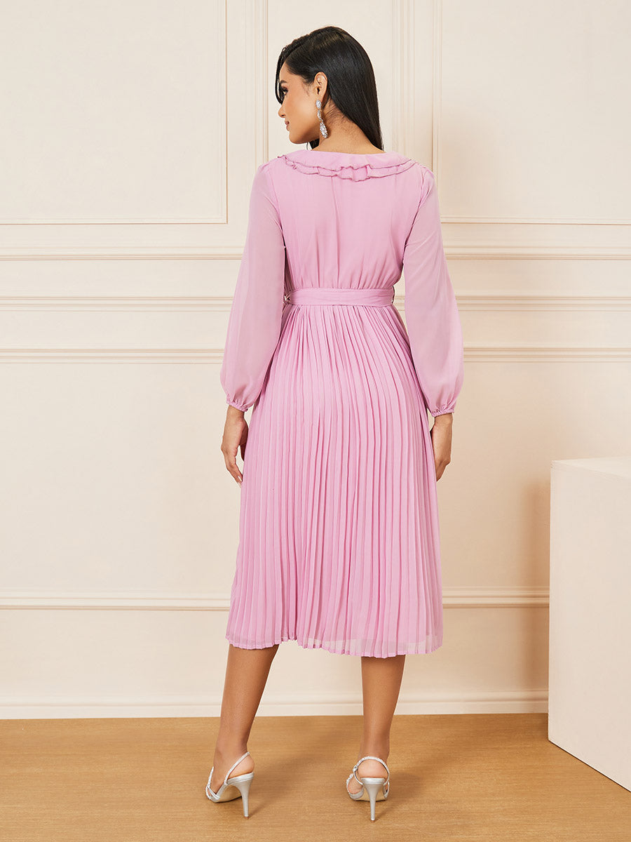 Women's Pink Accordion Pleat Ruffle Trim Wrap Midi Dress