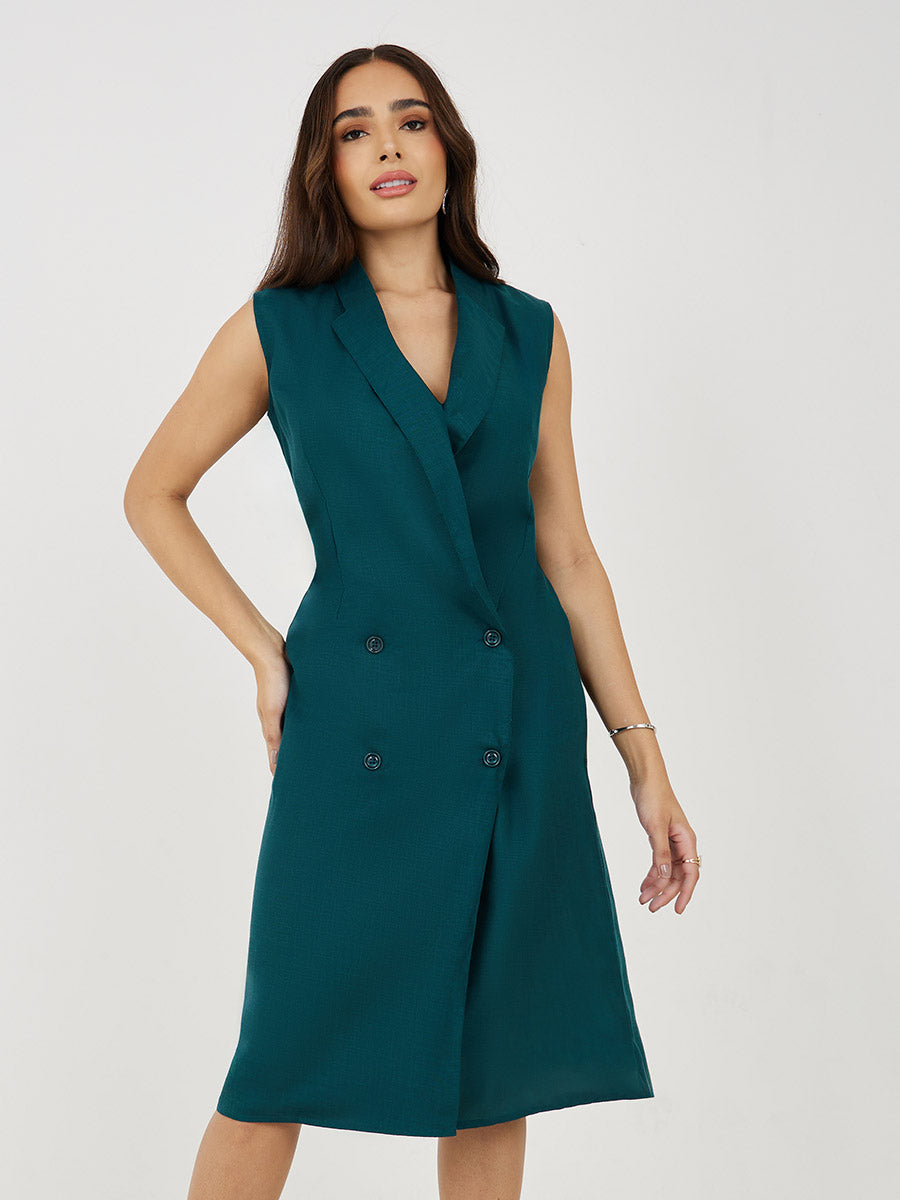 Women's Green Cotton Blazer Midi Length Dress