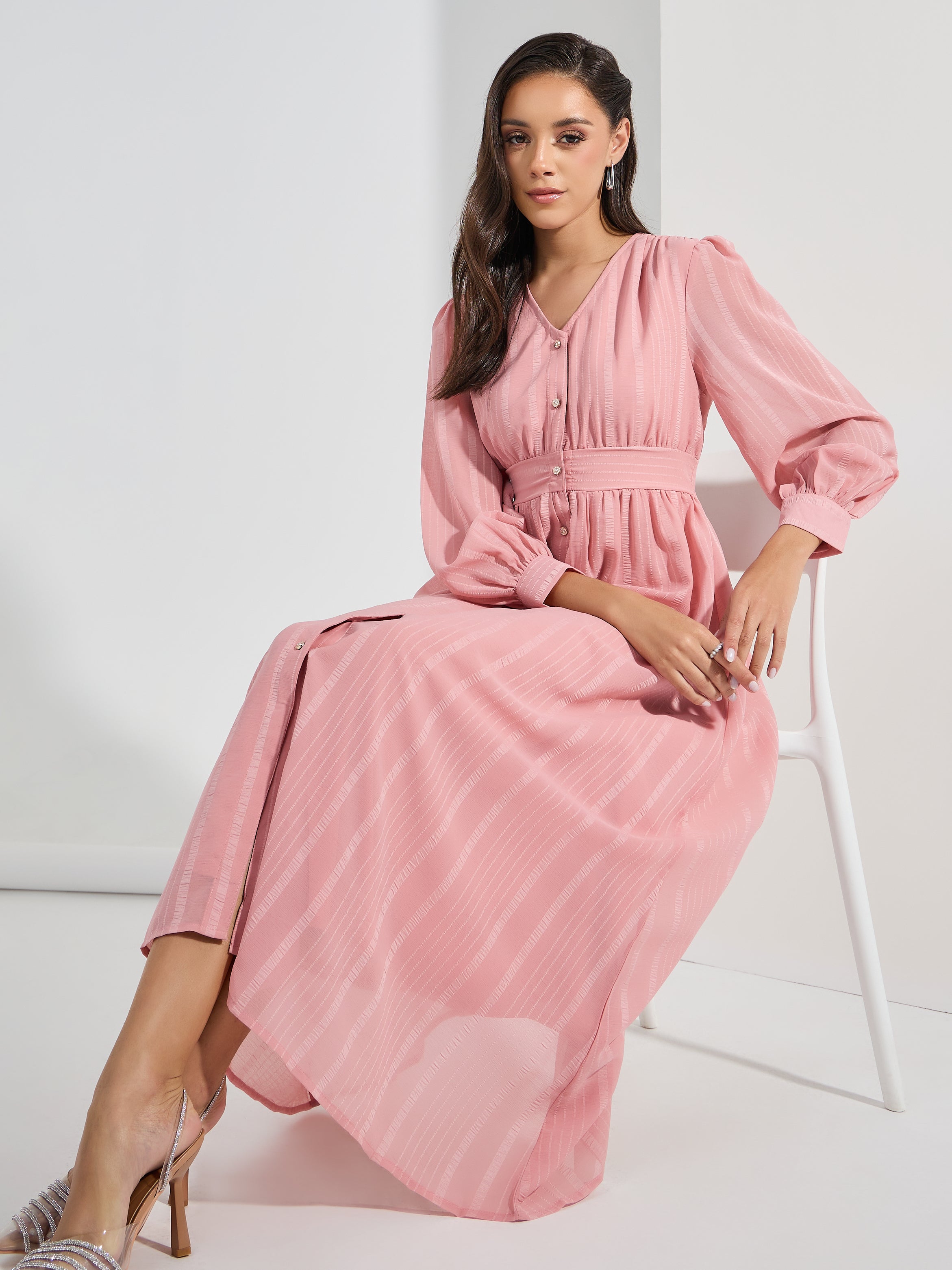 Women's Pink Volume Sleeve A-Line Maxi Dress