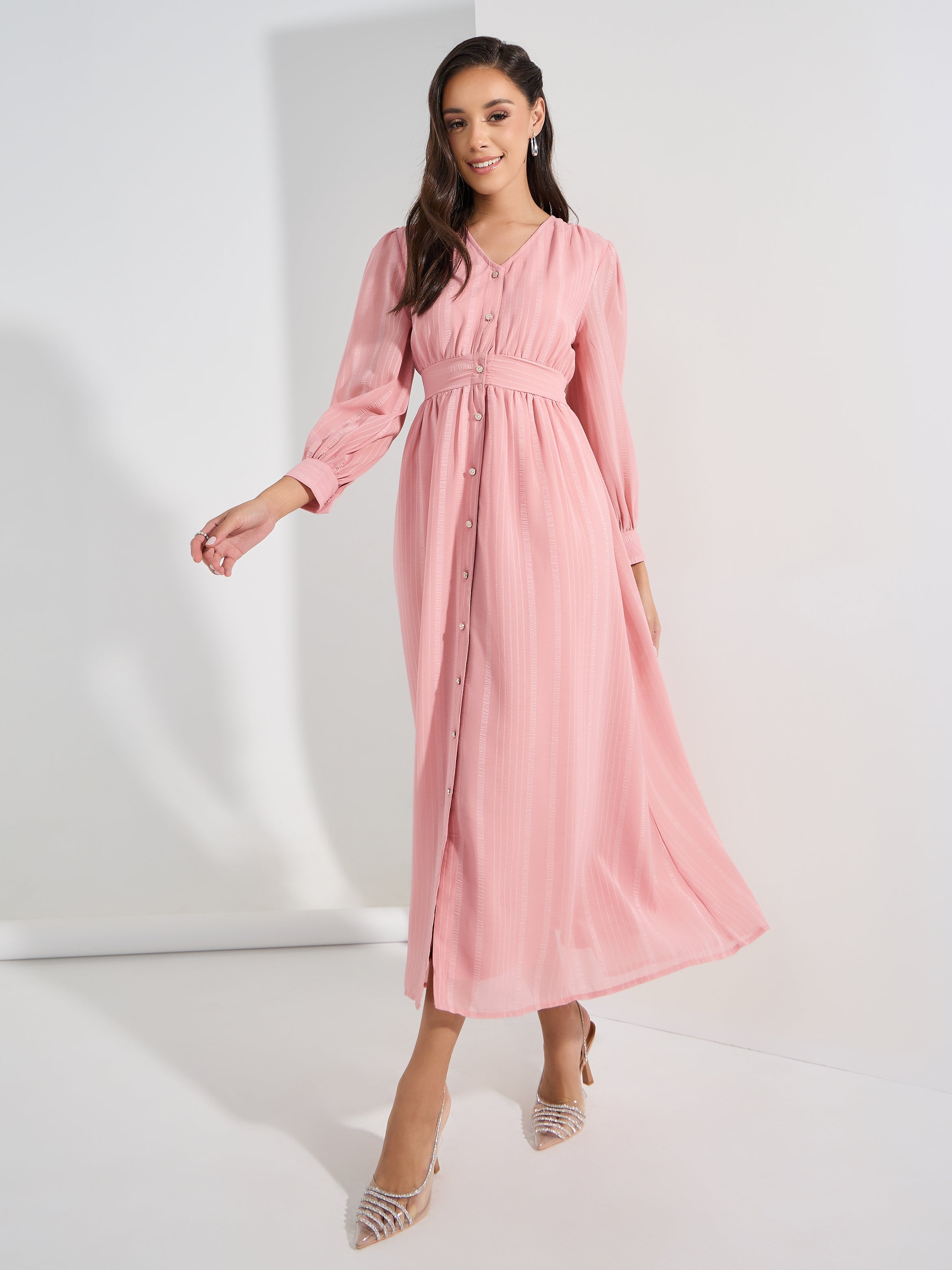 Women's Pink Volume Sleeve A-Line Maxi Dress