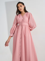 Women's Pink Volume Sleeve A-Line Maxi Dress